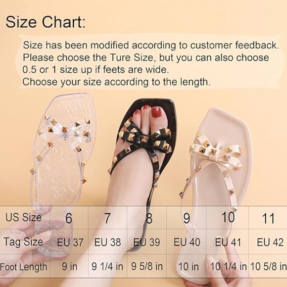 Womens Size 9 Studded Bow Jelly Thong Slides Square Toe Sandals Rivets Red - Picture 4 of 10
